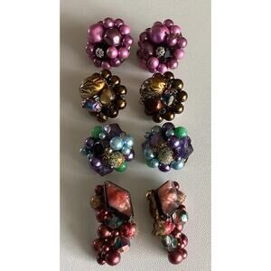 Vintage Japan Jewelry Clip On Earrings Pearl Gemstone Beads 4 Assorted Pairs
